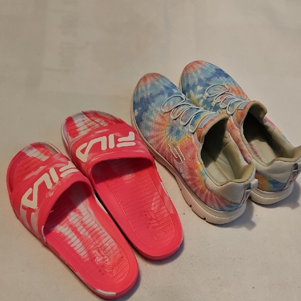 Skechers Tie Dye Sneakers And Fila Slides Lot Of 2